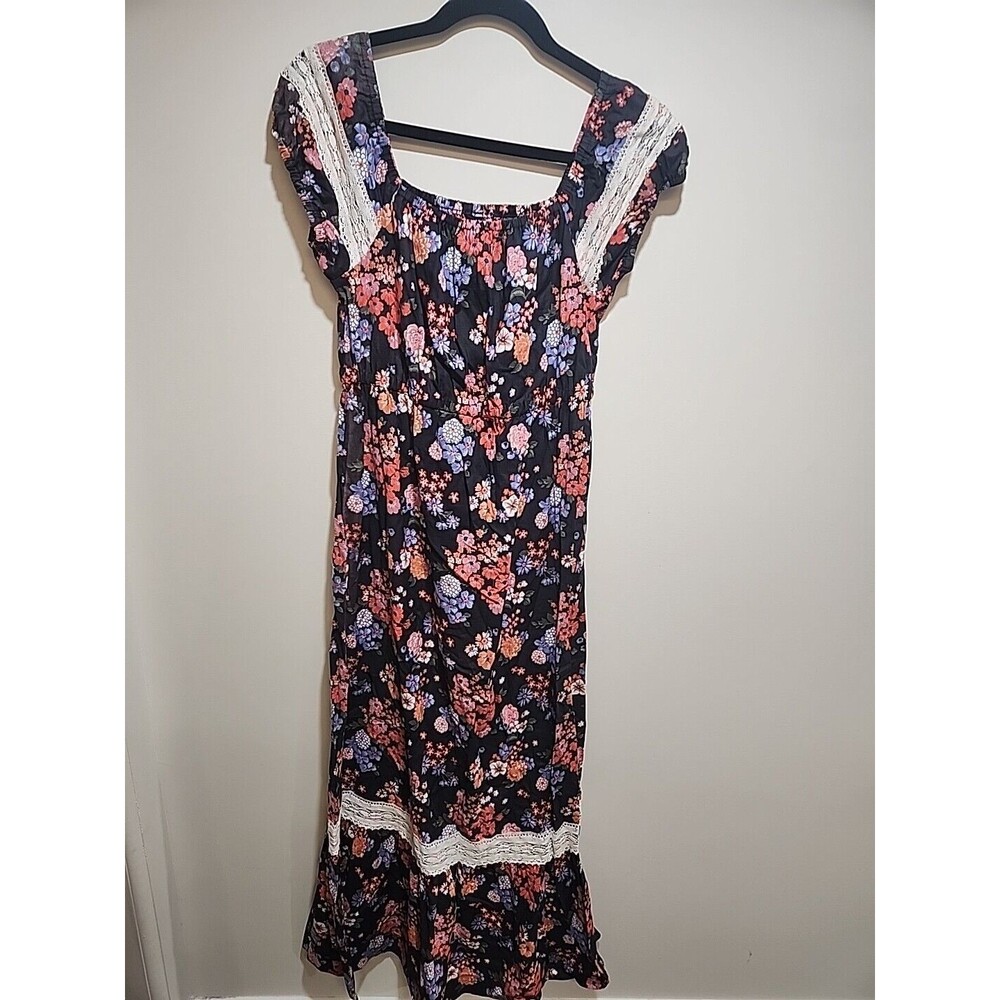 Vintage Fritzi of California Peasant Sundress 70s Size M Floral Cotton Boho Lace